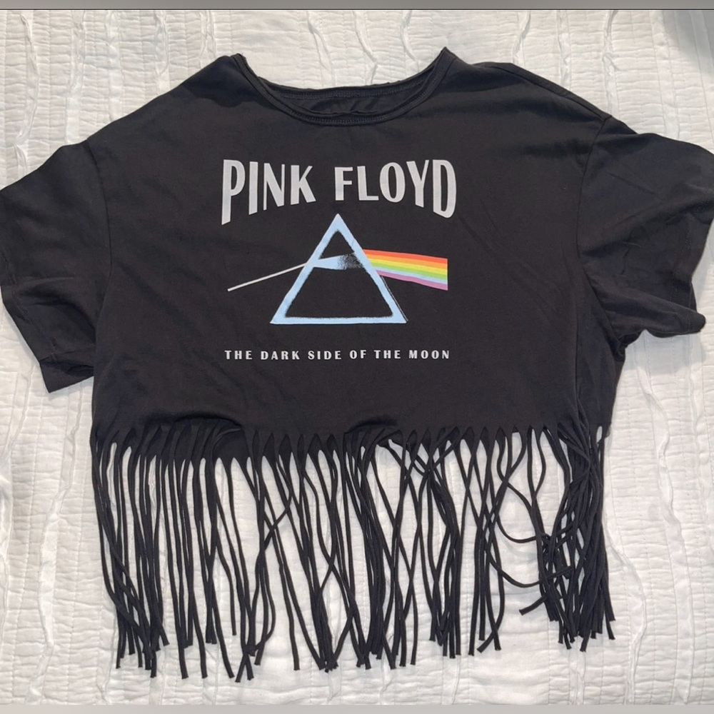 Pink Floyd Black Fringe Crop Tee with Prism Rainbow Graphic